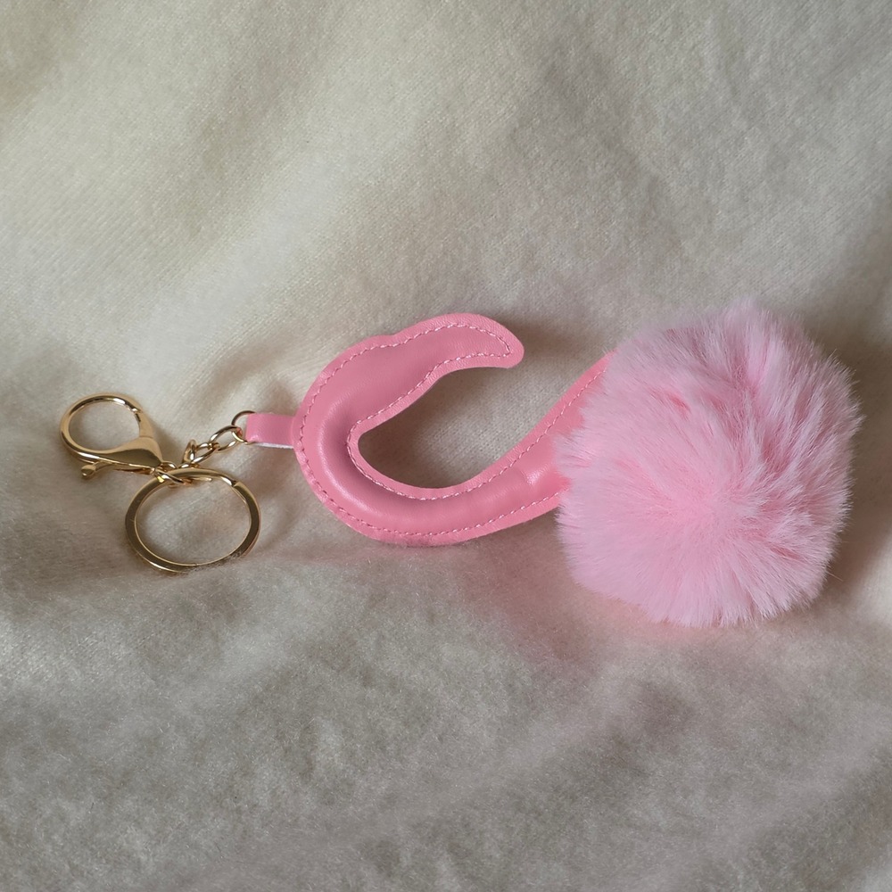 Pink Flamingo Pom Pom Keychain Bag Charm Faux Leather Gold Tone Clasp Accessory - Picture 3 of 4